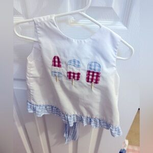 Sweet 4th of July / Holiday outfit. Gingham blue ruffle tie-back. 18M